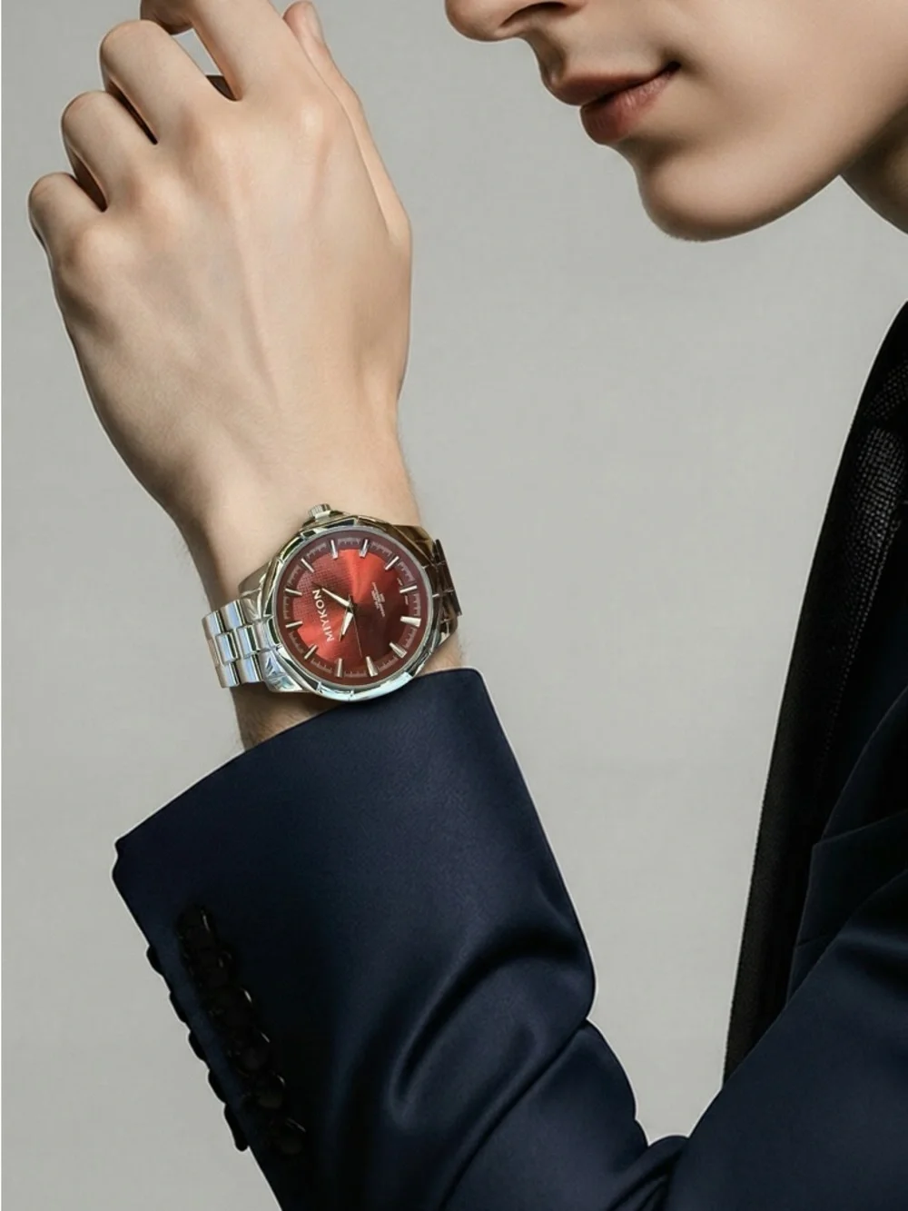 Miykon Men's Silver Quartz Dress Watch - Red Dial, Water Resistant 30M